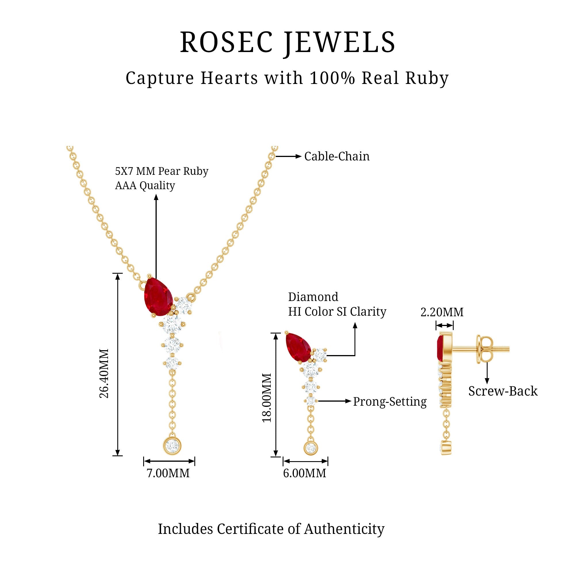 Pear Cut Ruby Dangle Necklace and Earrings Set with Diamond