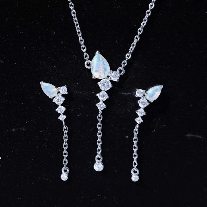 Ethiopian Opal Necklace – Natural Opal Jewelry Set With Teardrop Pendant & Moissanite Earrings