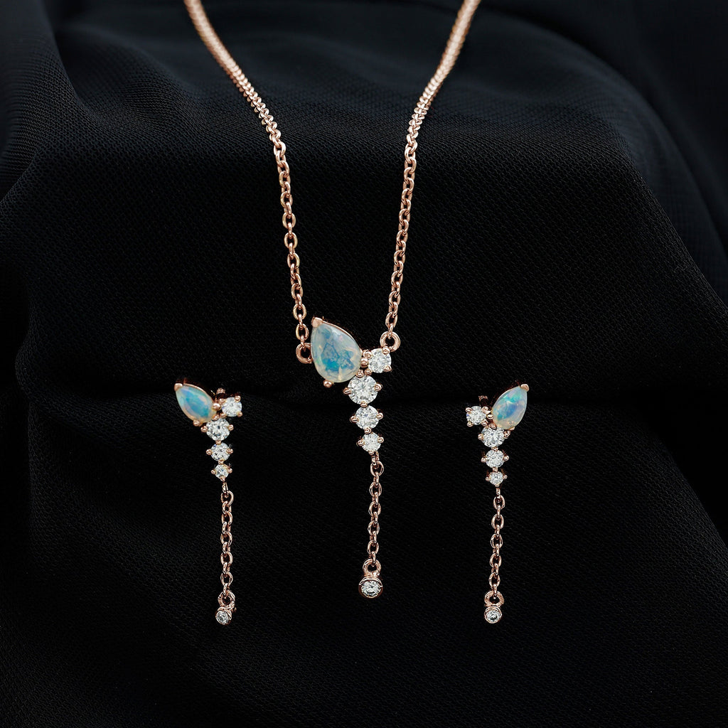 Ethiopian Opal Necklace – Natural Opal Jewelry Set With Teardrop Pendant & Moissanite Earrings
