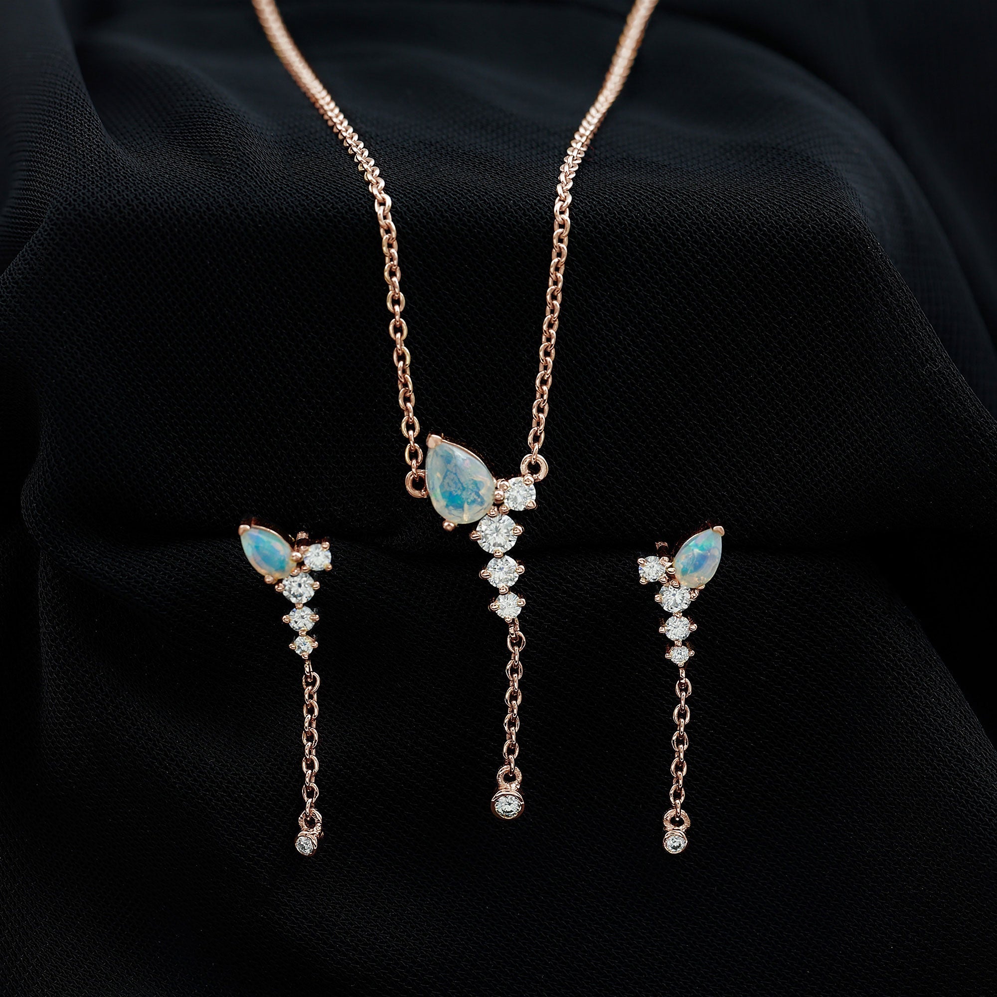 Ethiopian Opal Necklace – Natural Opal Jewelry Set With Teardrop Pendant & Moissanite Earrings