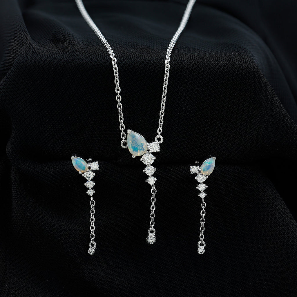 Ethiopian Opal Necklace – Natural Opal Jewelry Set With Teardrop Pendant & Moissanite Earrings