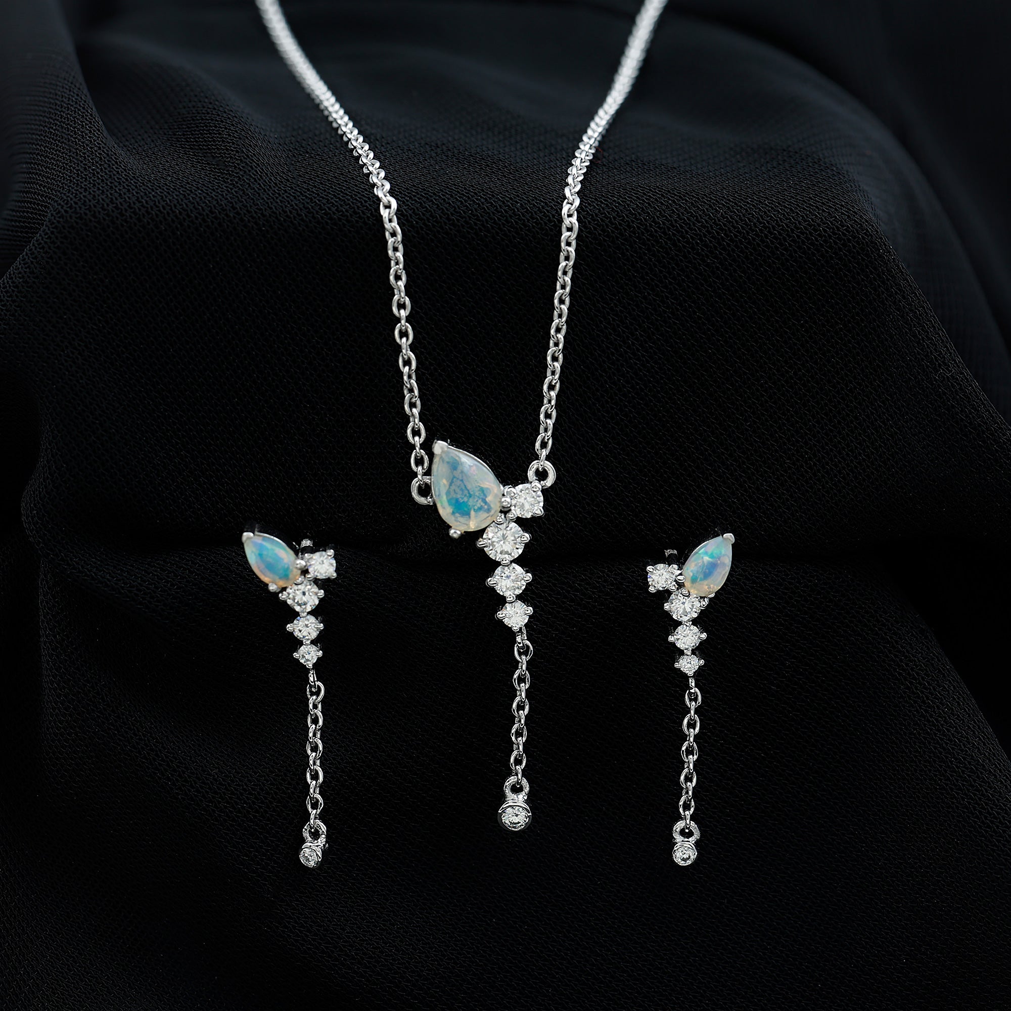 Ethiopian Opal Necklace – Natural Opal Jewelry Set With Teardrop Pendant & Moissanite Earrings