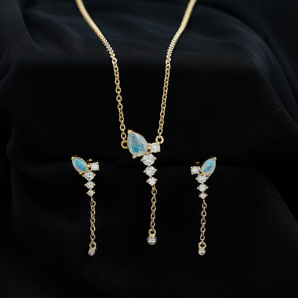 Ethiopian Opal Necklace – Natural Opal Jewelry Set With Teardrop Pendant & Moissanite Earrings