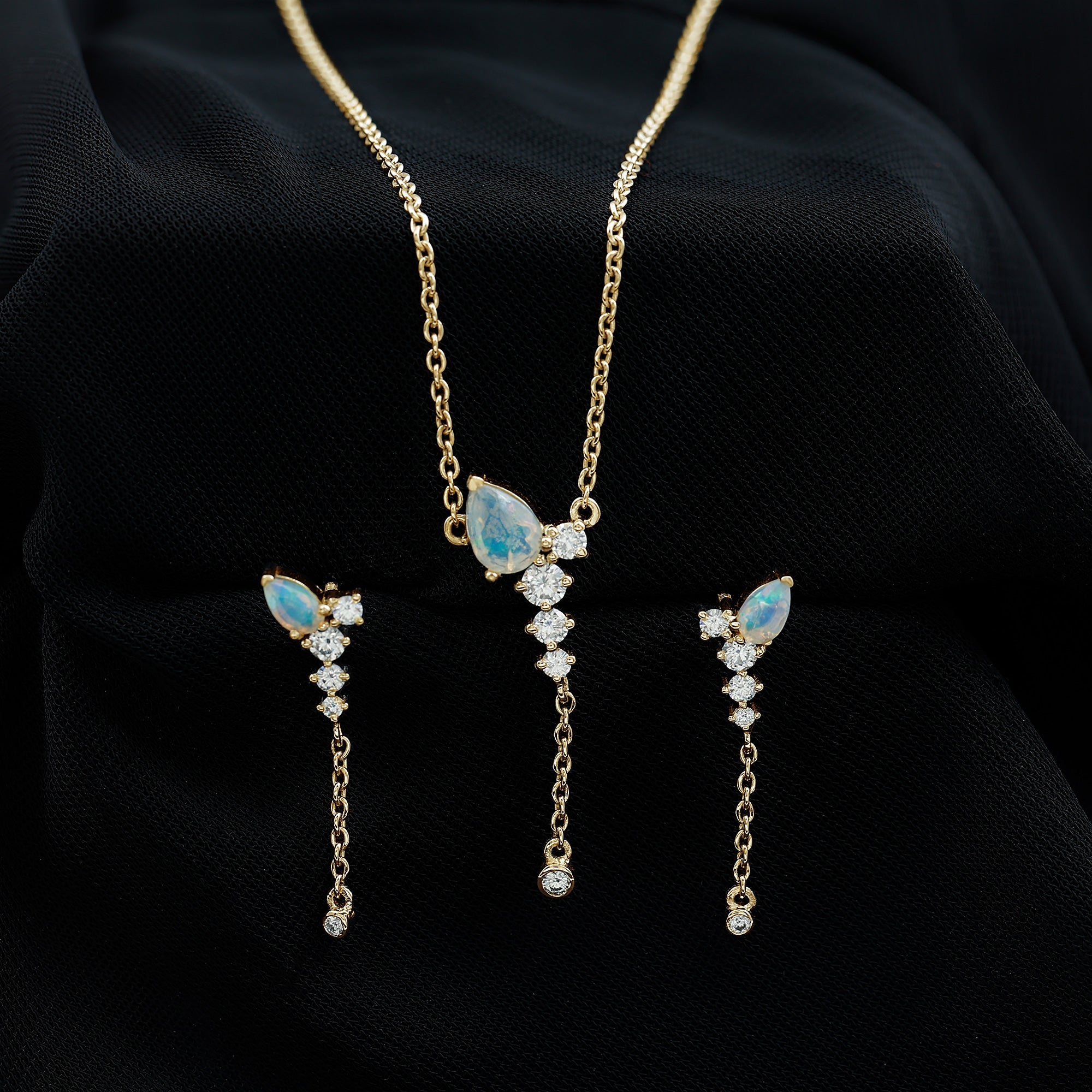 Ethiopian Opal Necklace – Natural Opal Jewelry Set With Teardrop Pendant & Moissanite Earrings