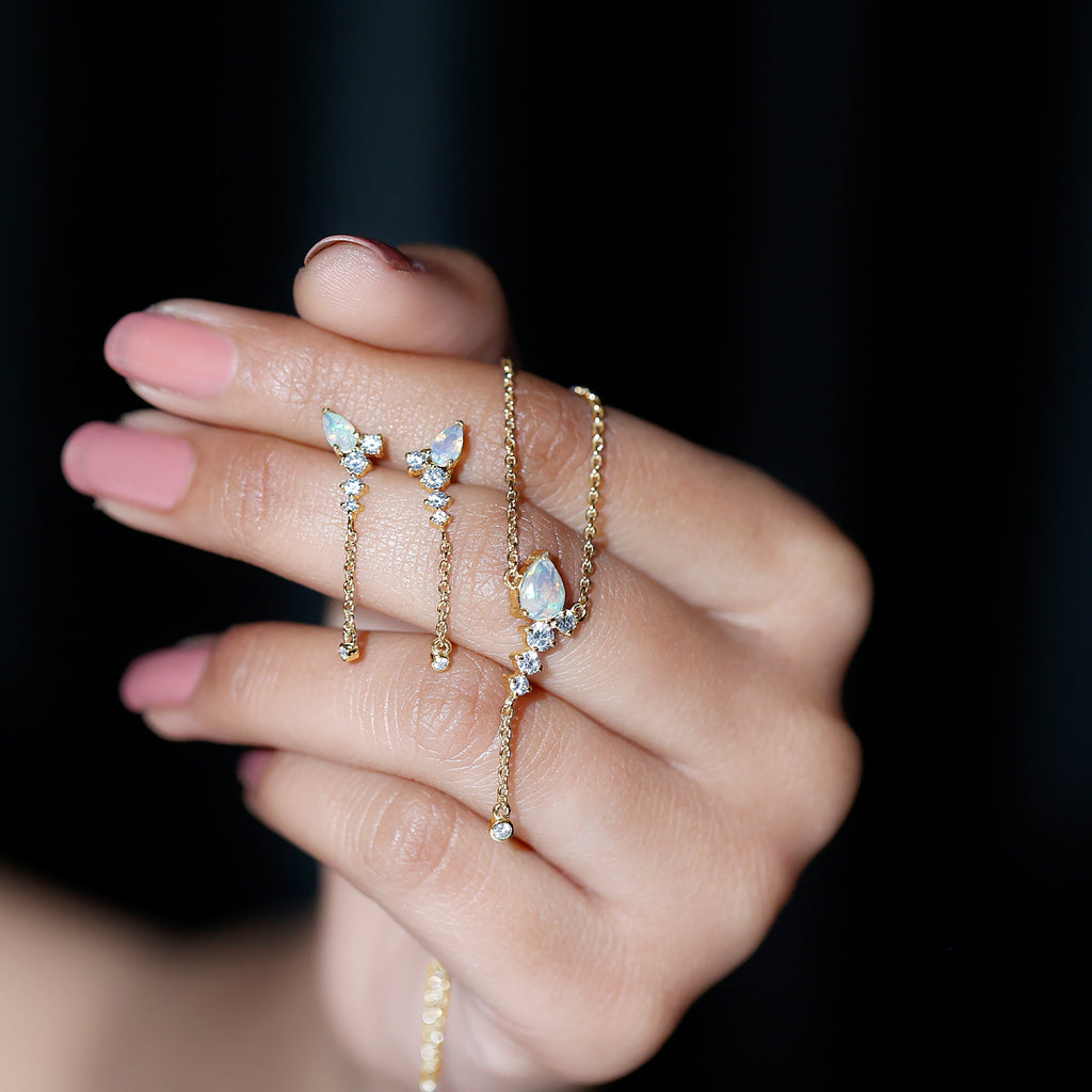Ethiopian Opal Necklace – Natural Opal Jewelry Set With Teardrop Pendant & Moissanite Earrings