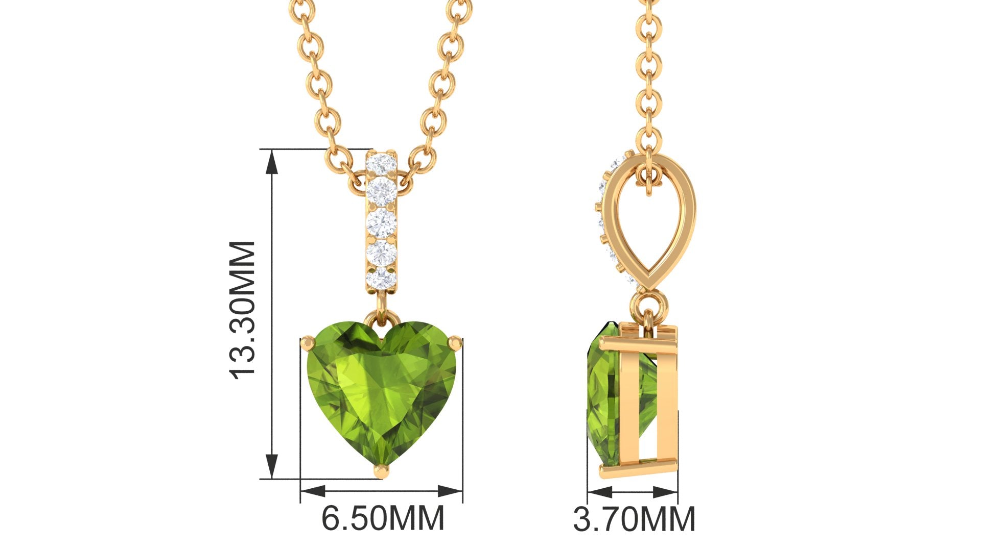 Peridot Solitaire Pendant – Heart Shape Necklace with Diamond Accent Bail by Rosec Jewels