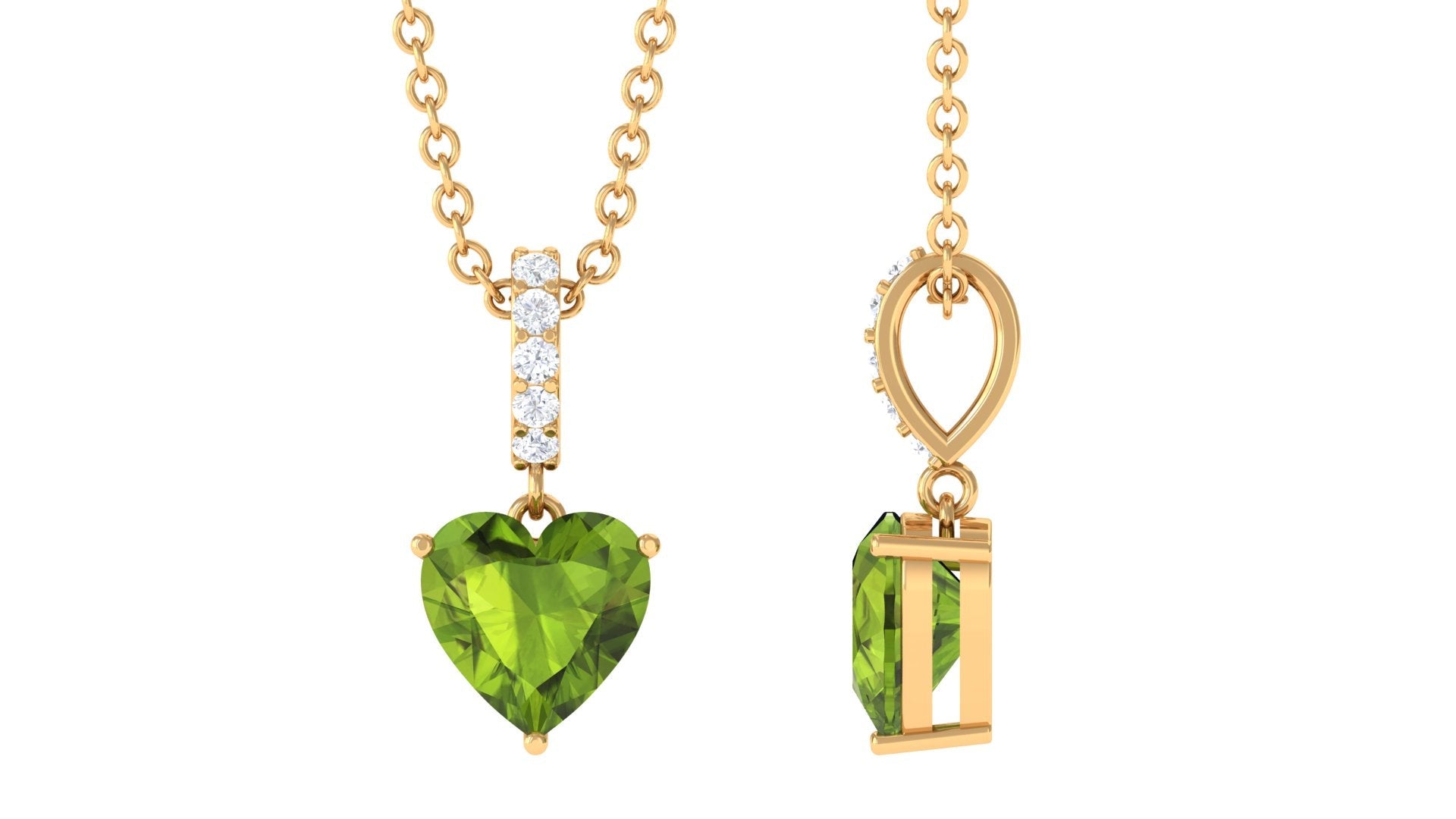 Peridot Solitaire Pendant – Heart Shape Necklace with Diamond Accent Bail by Rosec Jewels