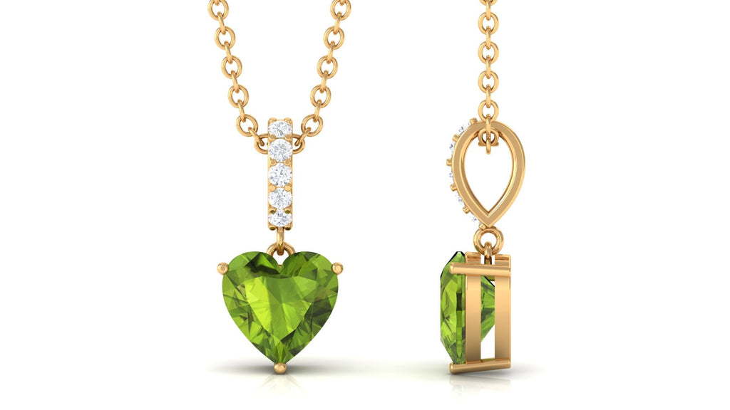Peridot Solitaire Pendant – Heart Shape Necklace with Diamond Accent Bail by Rosec Jewels