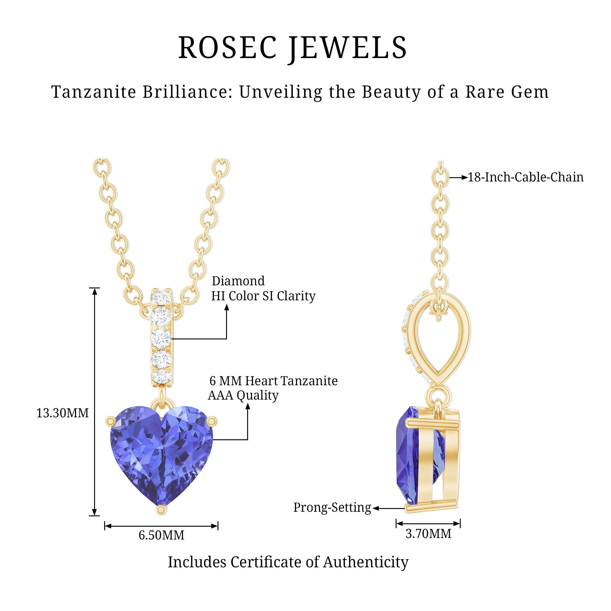 Tanzanite Heart Necklace – Solitaire Pendant with Diamond Bail, AAA Quality Gemstone