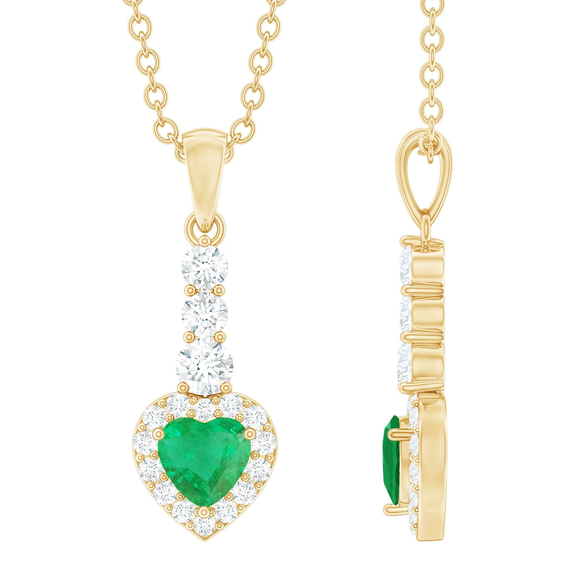 Emerald Heart Pendant - Heart Pendant Necklace with Diamond Halo & Prong Setting