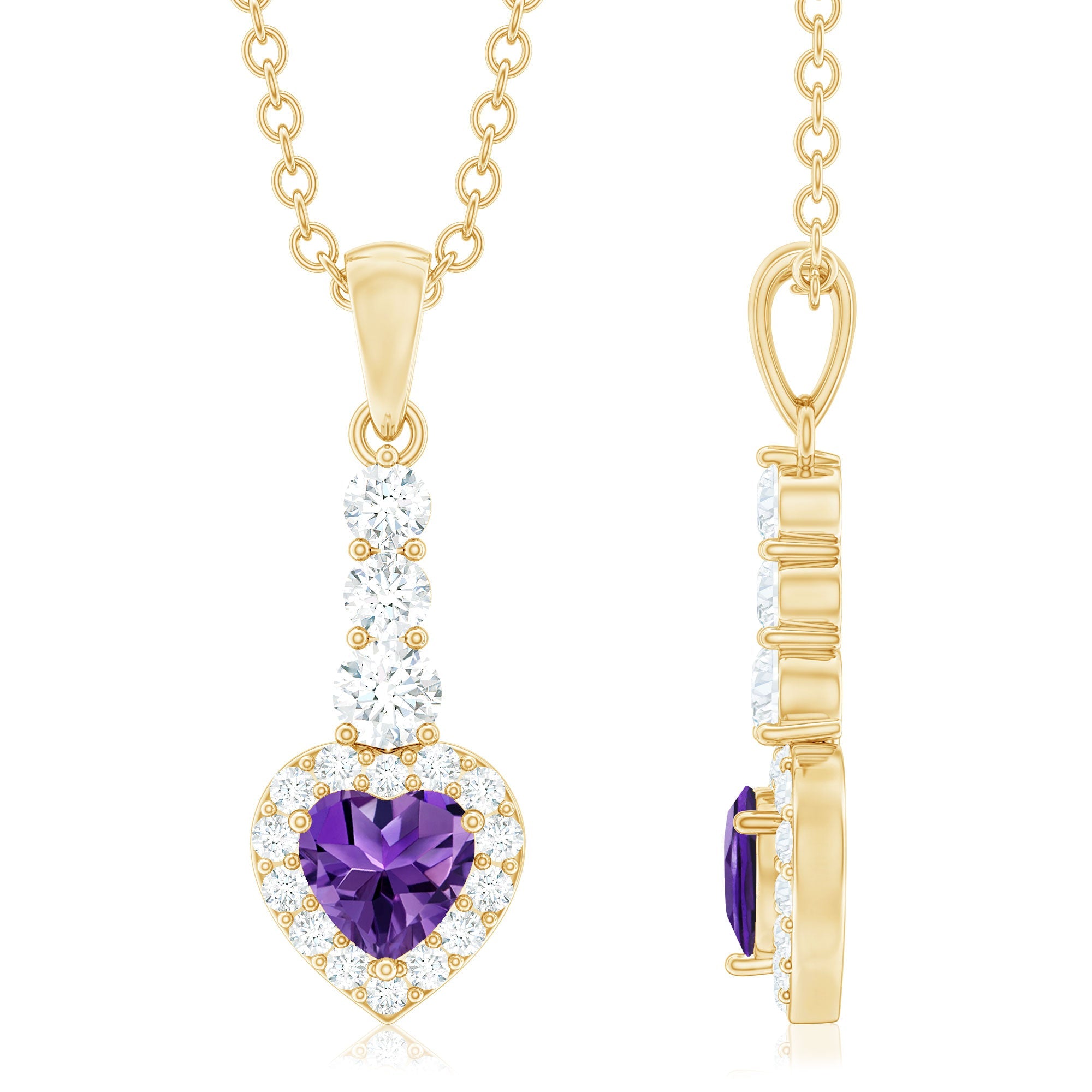 Natural Amethyst Heart Pendant Necklace with Diamond Halo