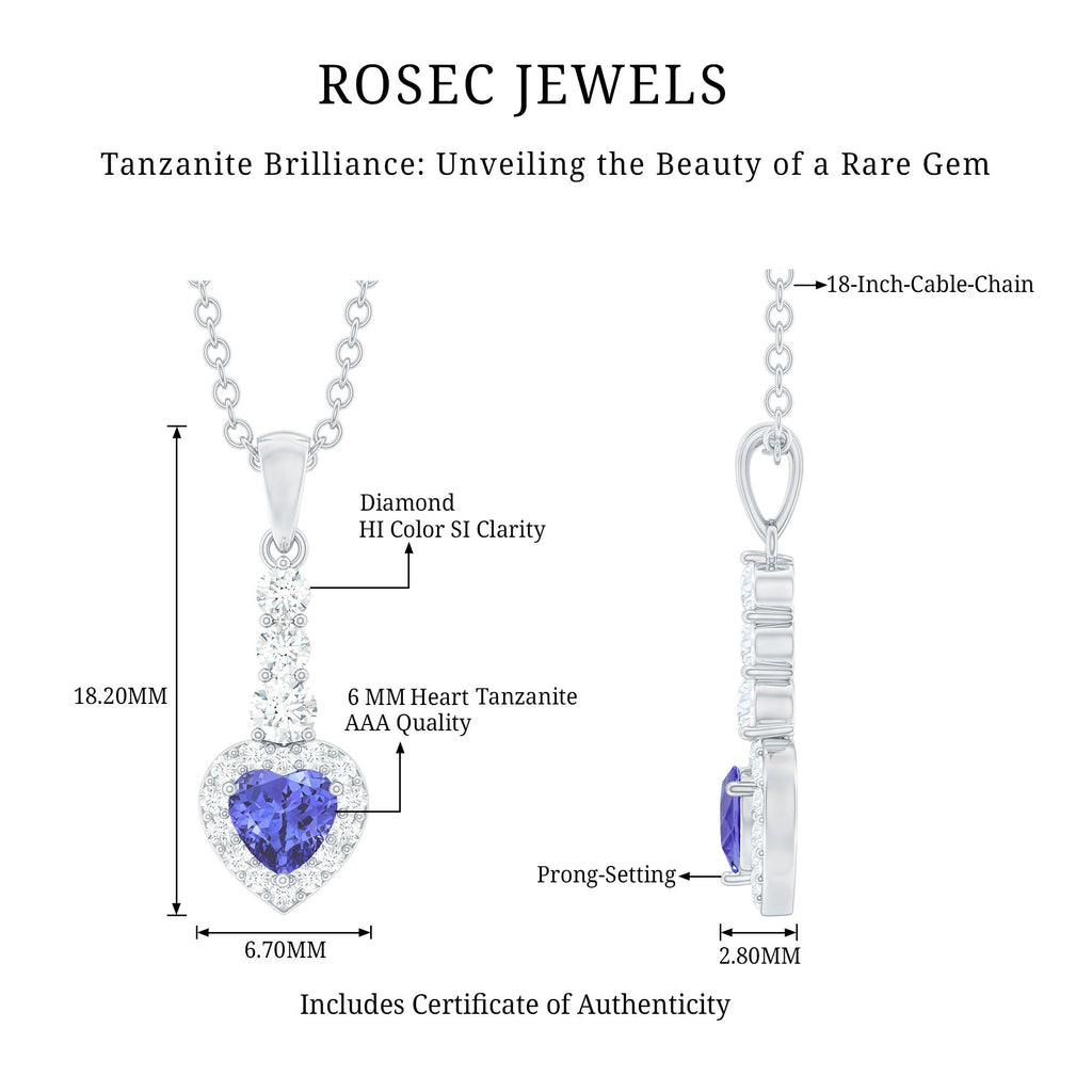 Heart Shape Tanzanite Pendant - Blue Tanzanite Necklace with Diamond Halo