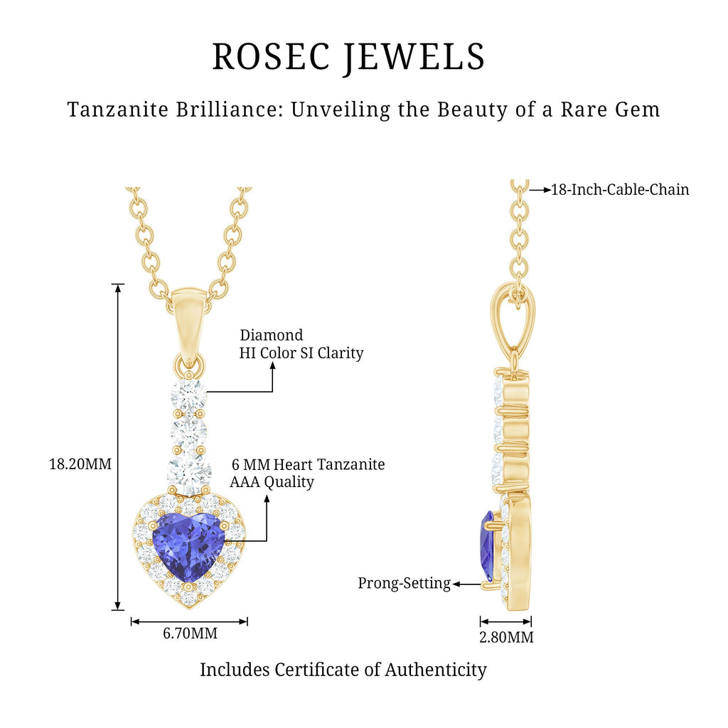 Heart Shape Tanzanite Pendant - Blue Tanzanite Necklace with Diamond Halo