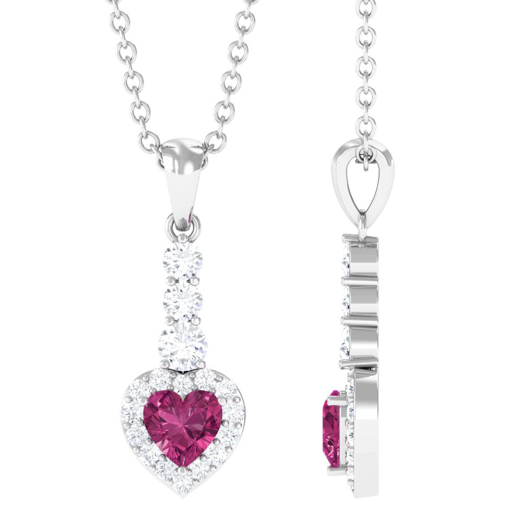 Pink Tourmaline Pendant – Heart Shape Necklace with Diamond Halo in Rose Gold