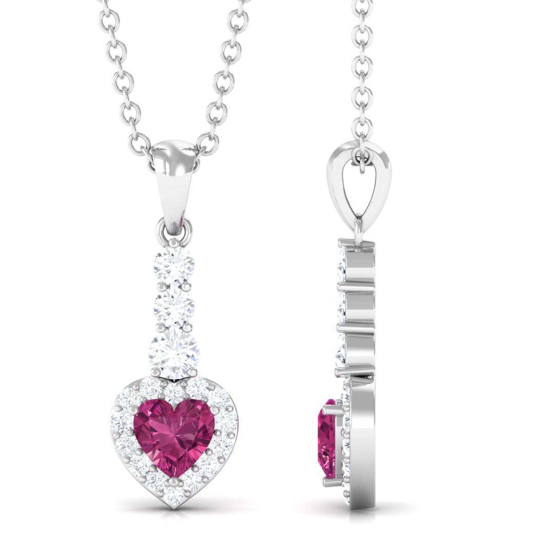 Pink Tourmaline Pendant – Heart Shape Necklace with Diamond Halo in Rose Gold