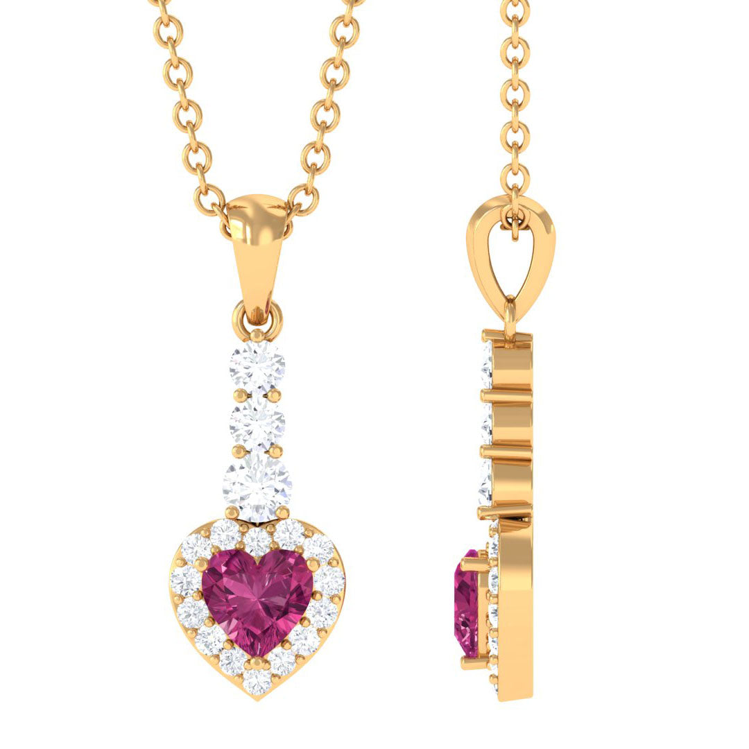 Pink Tourmaline Pendant – Heart Shape Necklace with Diamond Halo in Rose Gold