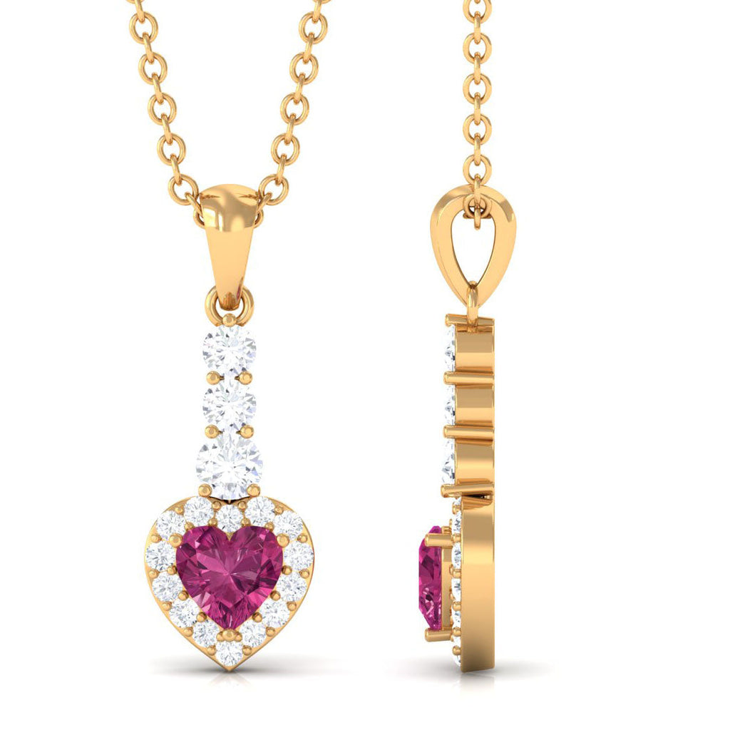 Pink Tourmaline Pendant – Heart Shape Necklace with Diamond Halo in Rose Gold
