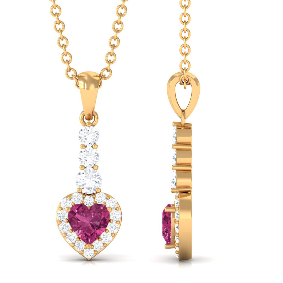 Pink Tourmaline Pendant – Heart Shape Necklace with Diamond Halo in Rose Gold
