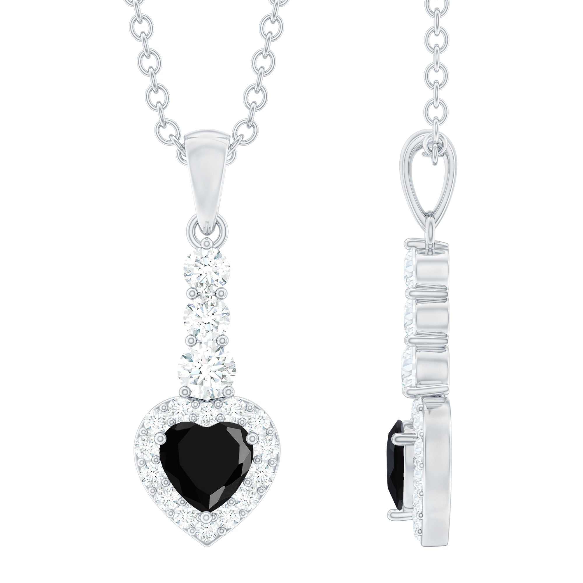Natural Black Onyx Heart Pendant Necklace with Diamond