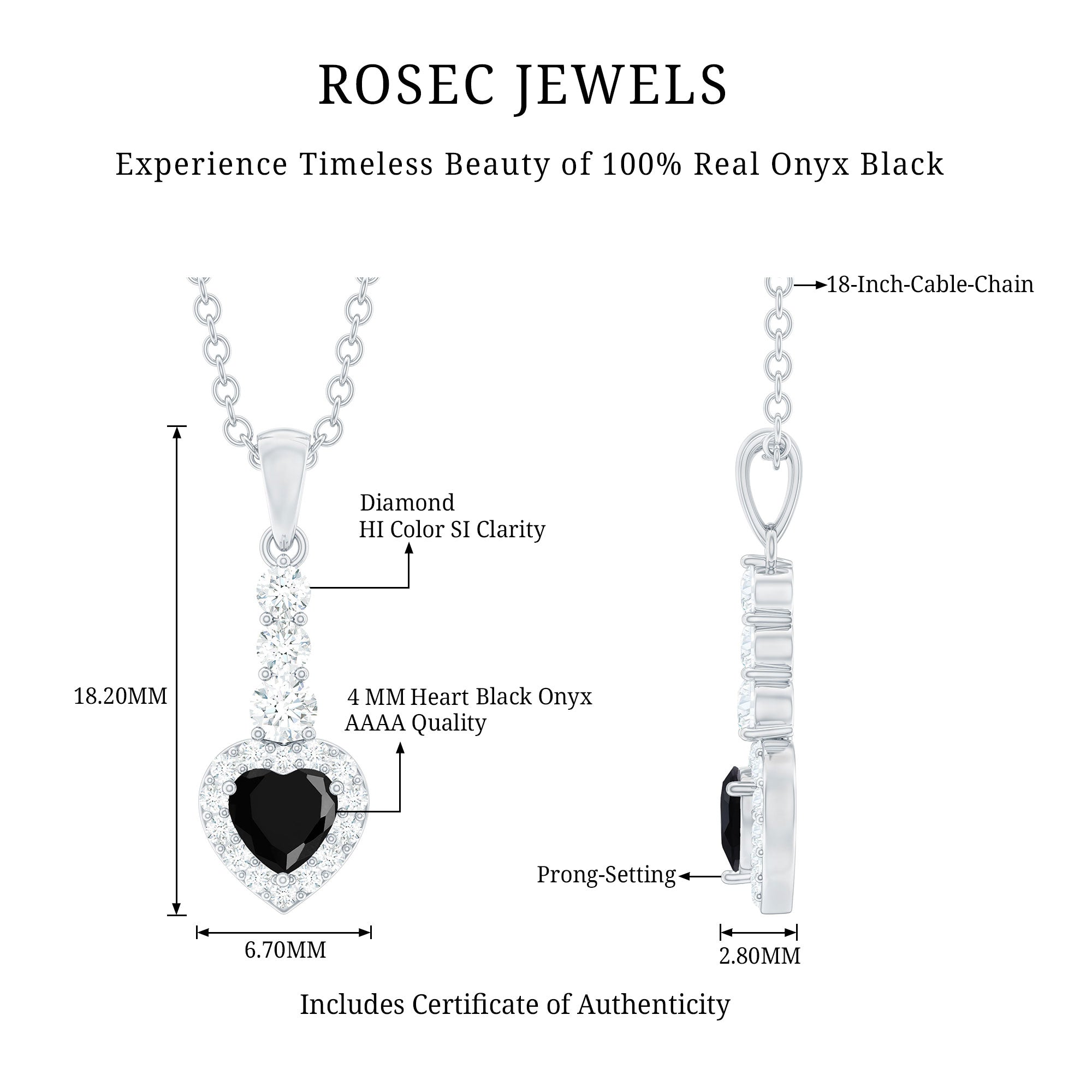 Natural Black Onyx Heart Pendant Necklace with Diamond