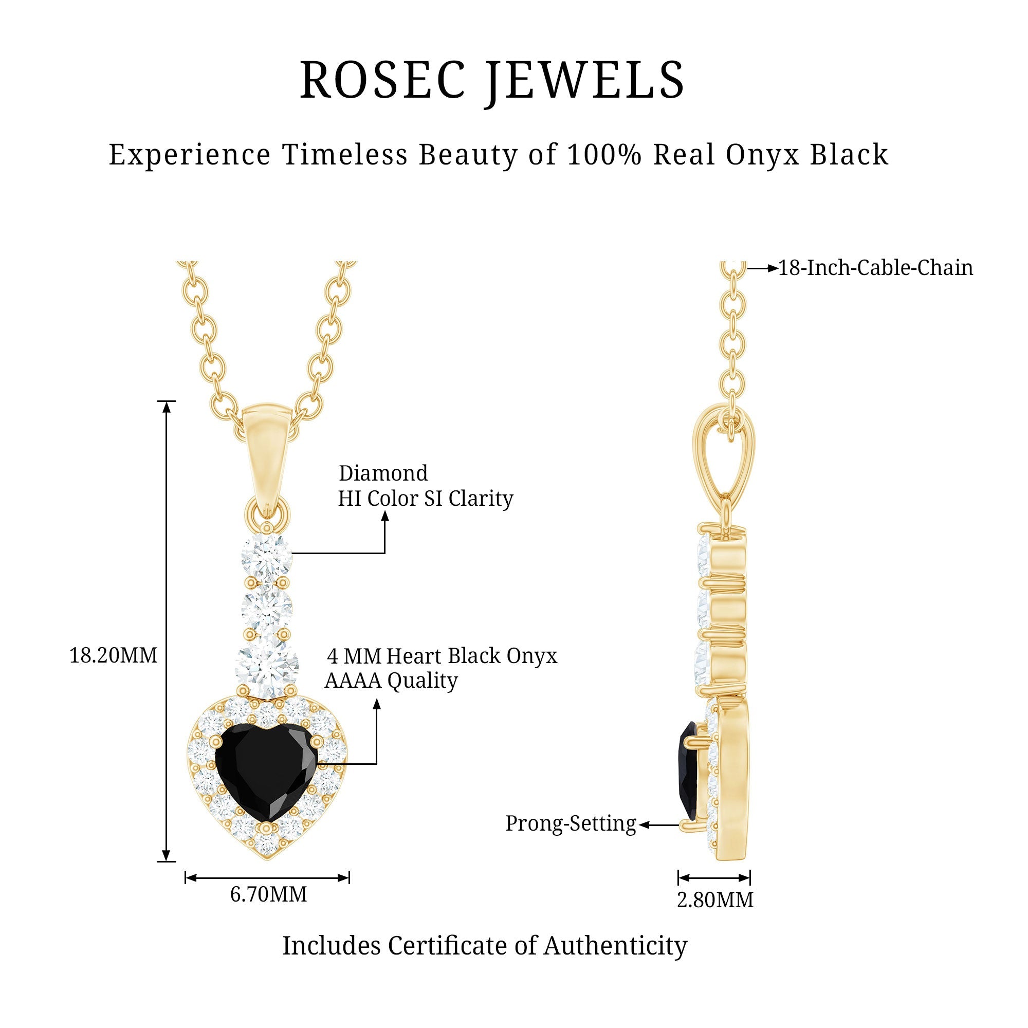 Natural Black Onyx Heart Pendant Necklace with Diamond