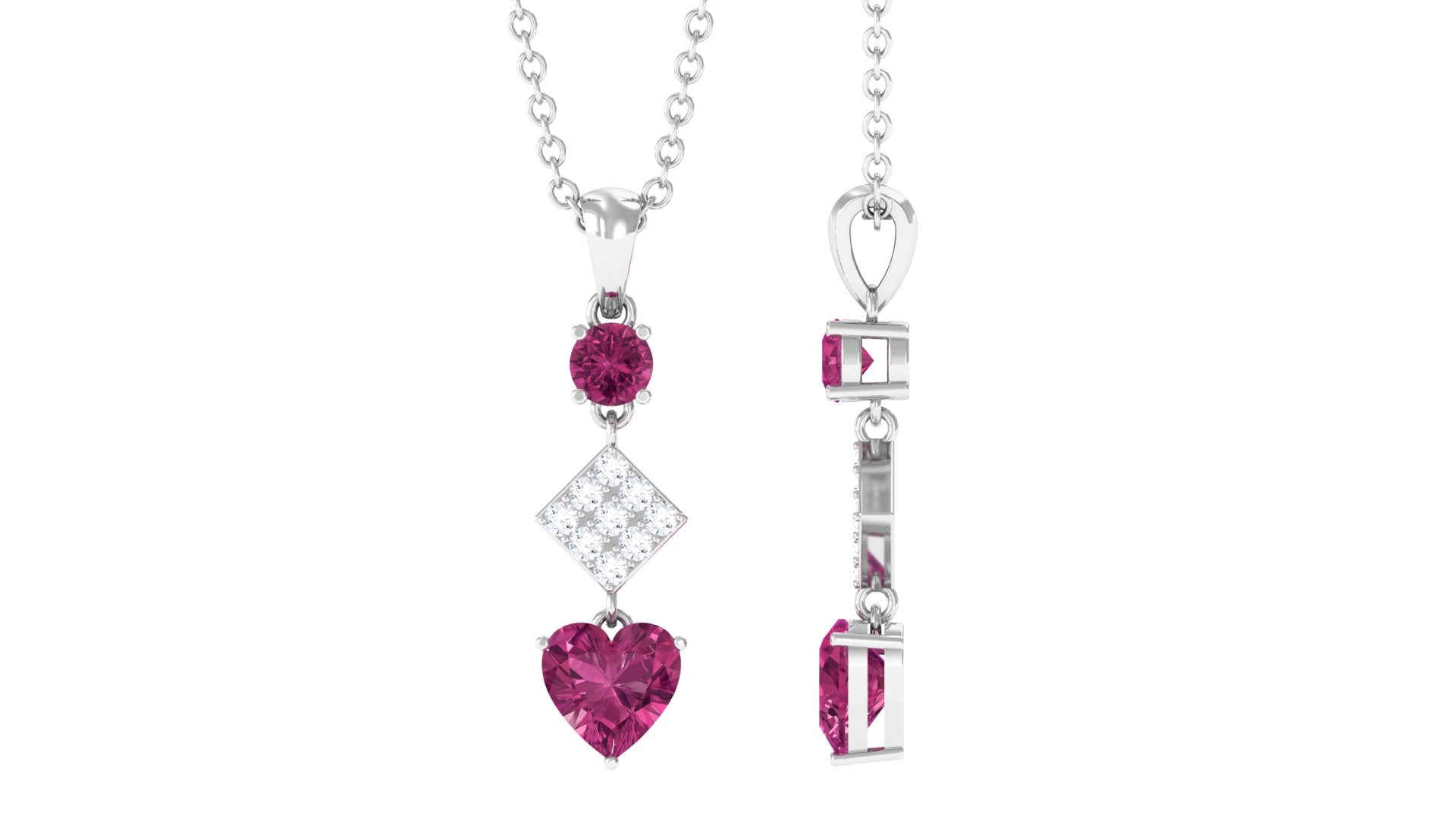 Pink Tourmaline Pendant – Heart Shape Pendant with Diamond Dangle Necklace by Rosec Jewels