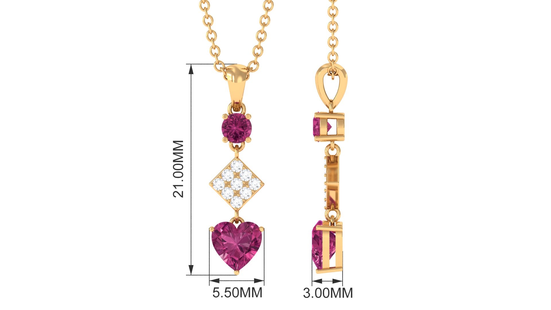 Pink Tourmaline Pendant – Heart Shape Pendant with Diamond Dangle Necklace by Rosec Jewels