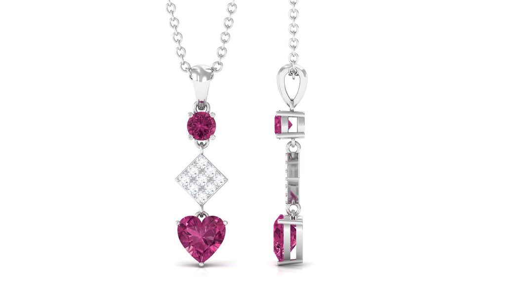 Pink Tourmaline Pendant – Heart Shape Pendant with Diamond Dangle Necklace by Rosec Jewels