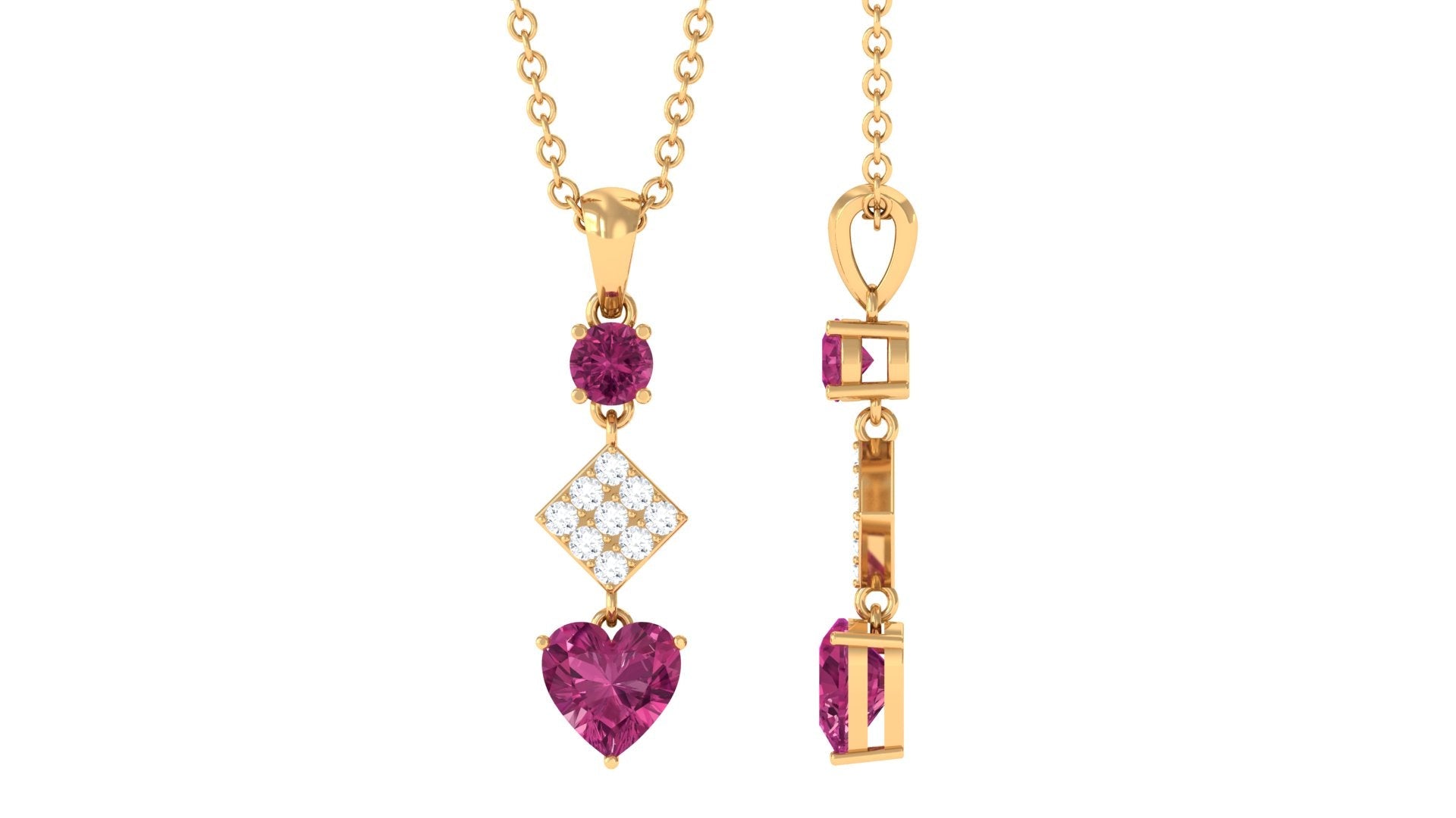 Pink Tourmaline Pendant – Heart Shape Pendant with Diamond Dangle Necklace by Rosec Jewels