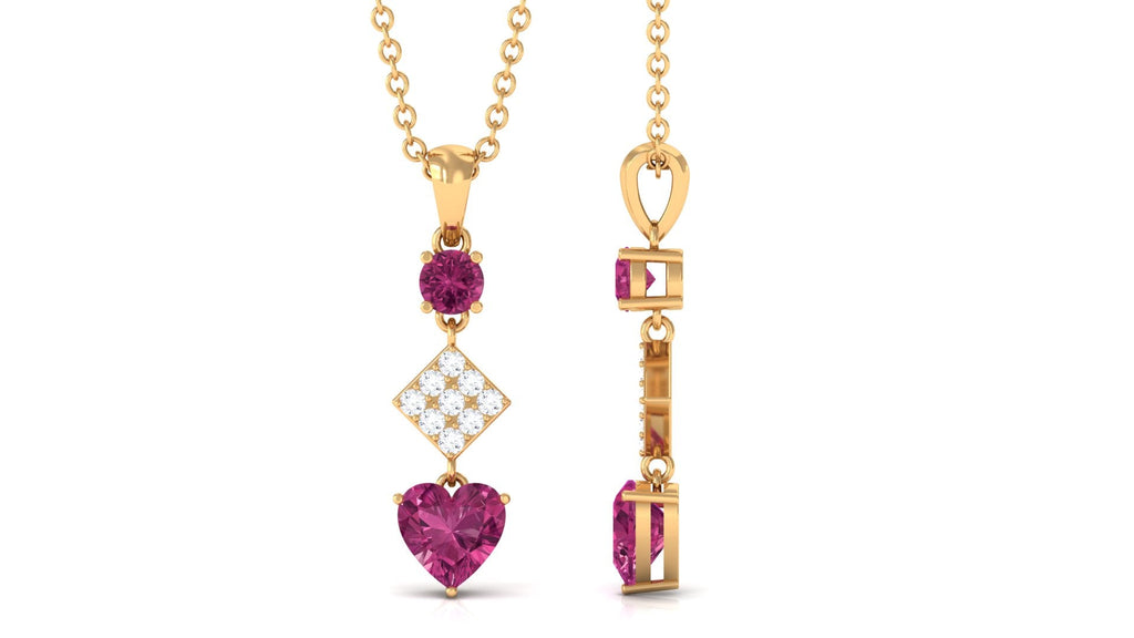 Pink Tourmaline Pendant – Heart Shape Pendant with Diamond Dangle Necklace by Rosec Jewels