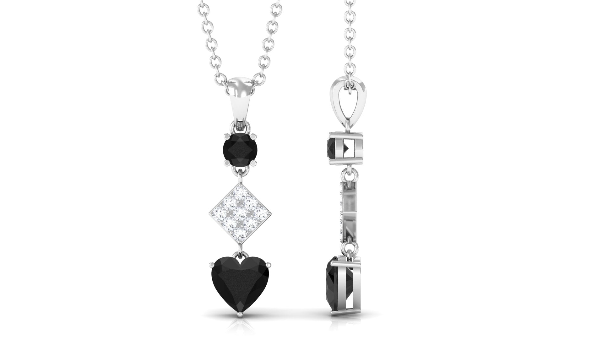 Natural Black Onyx Heart Drop Pendant Necklace with Diamond