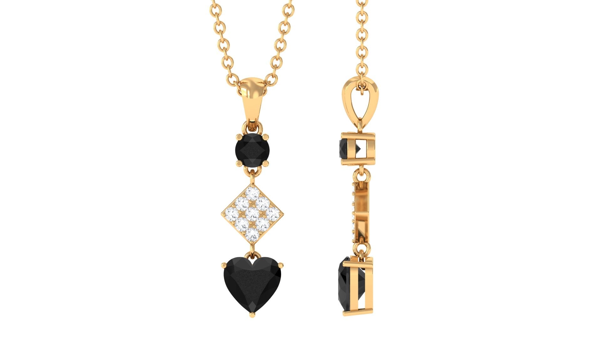 Natural Black Onyx Heart Drop Pendant Necklace with Diamond