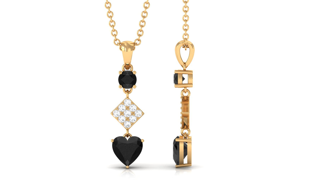 Natural Black Onyx Heart Drop Pendant Necklace with Diamond