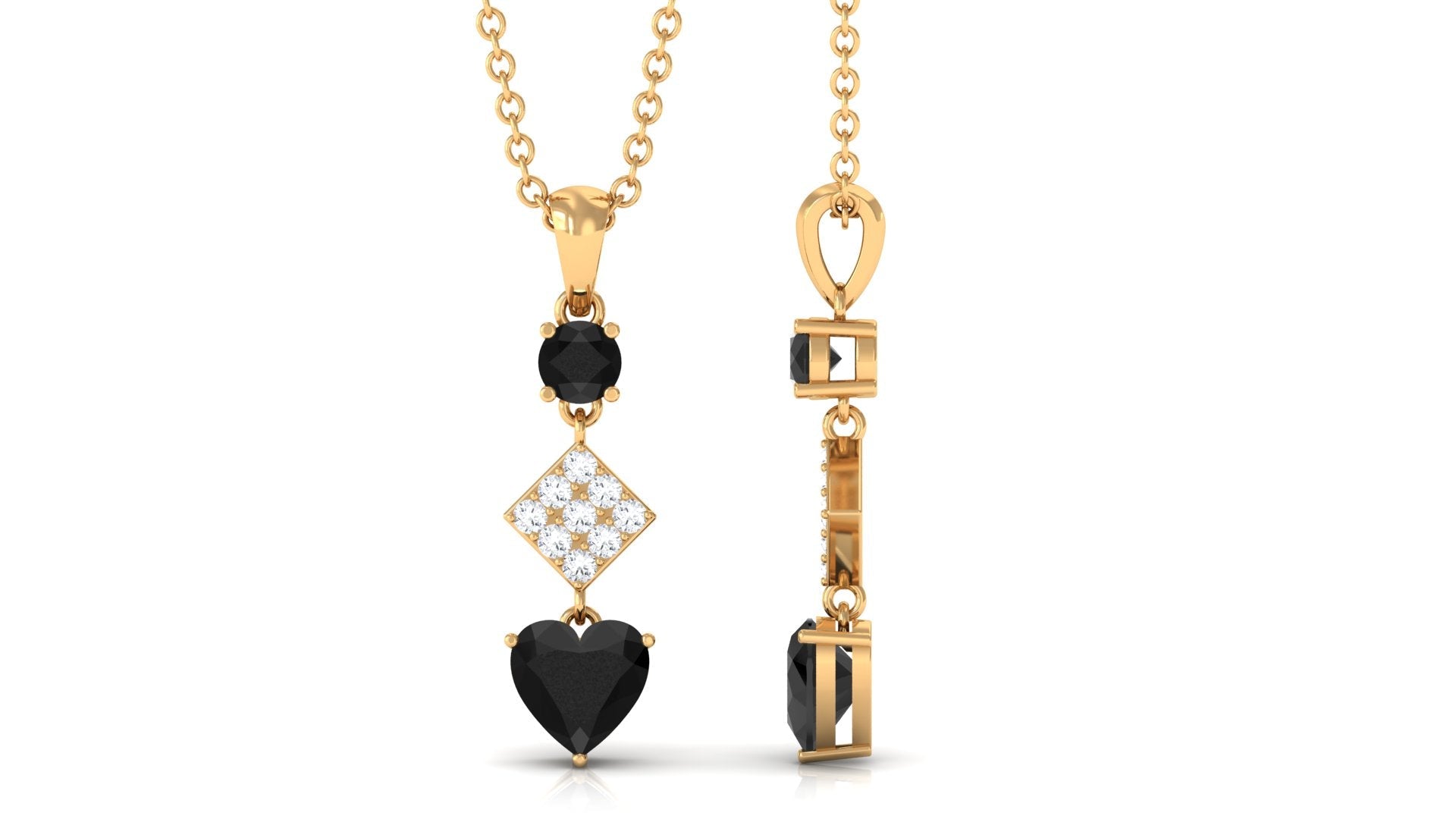 Natural Black Onyx Heart Drop Pendant Necklace with Diamond