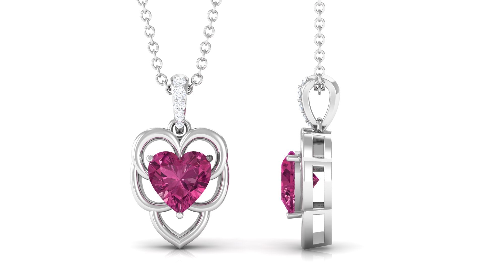 Pink Tourmaline Pendant - Heart Shaped Solitaire Pendant with Diamond Bail Necklace