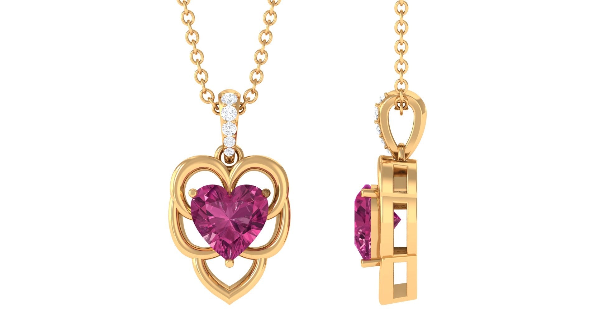 Pink Tourmaline Pendant - Heart Shaped Solitaire Pendant with Diamond Bail Necklace