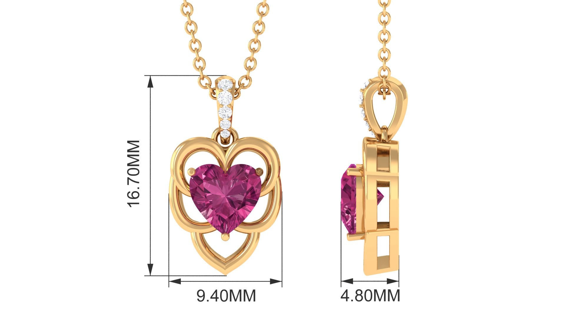 Pink Tourmaline Pendant - Heart Shaped Solitaire Pendant with Diamond Bail Necklace