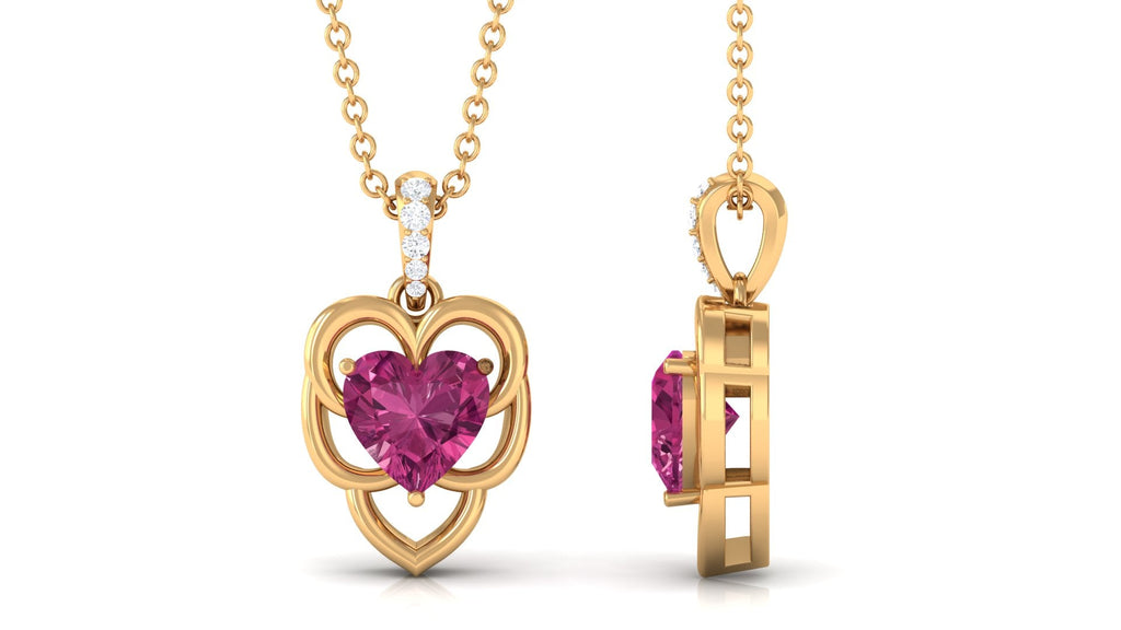 Pink Tourmaline Pendant - Heart Shaped Solitaire Pendant with Diamond Bail Necklace