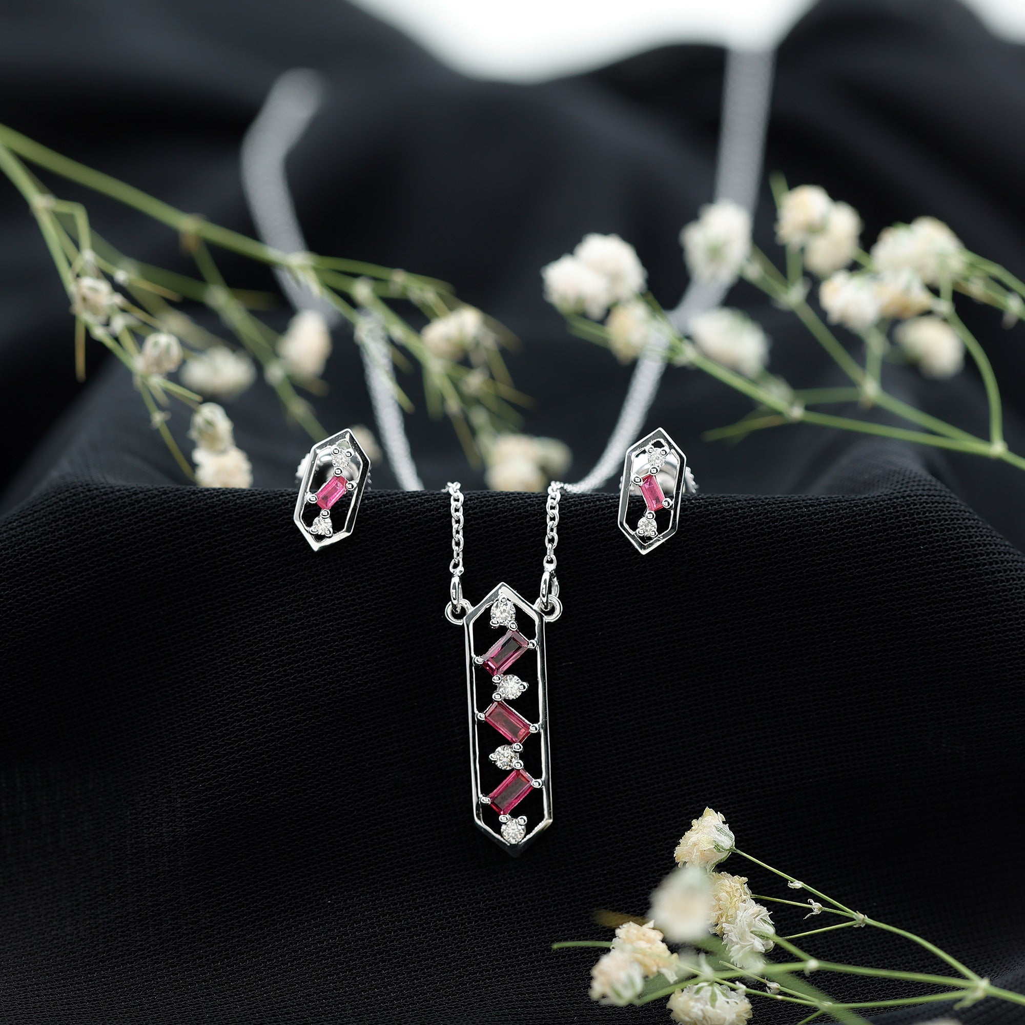 Genuine Ruby and Diamond Dangle jewelry Set