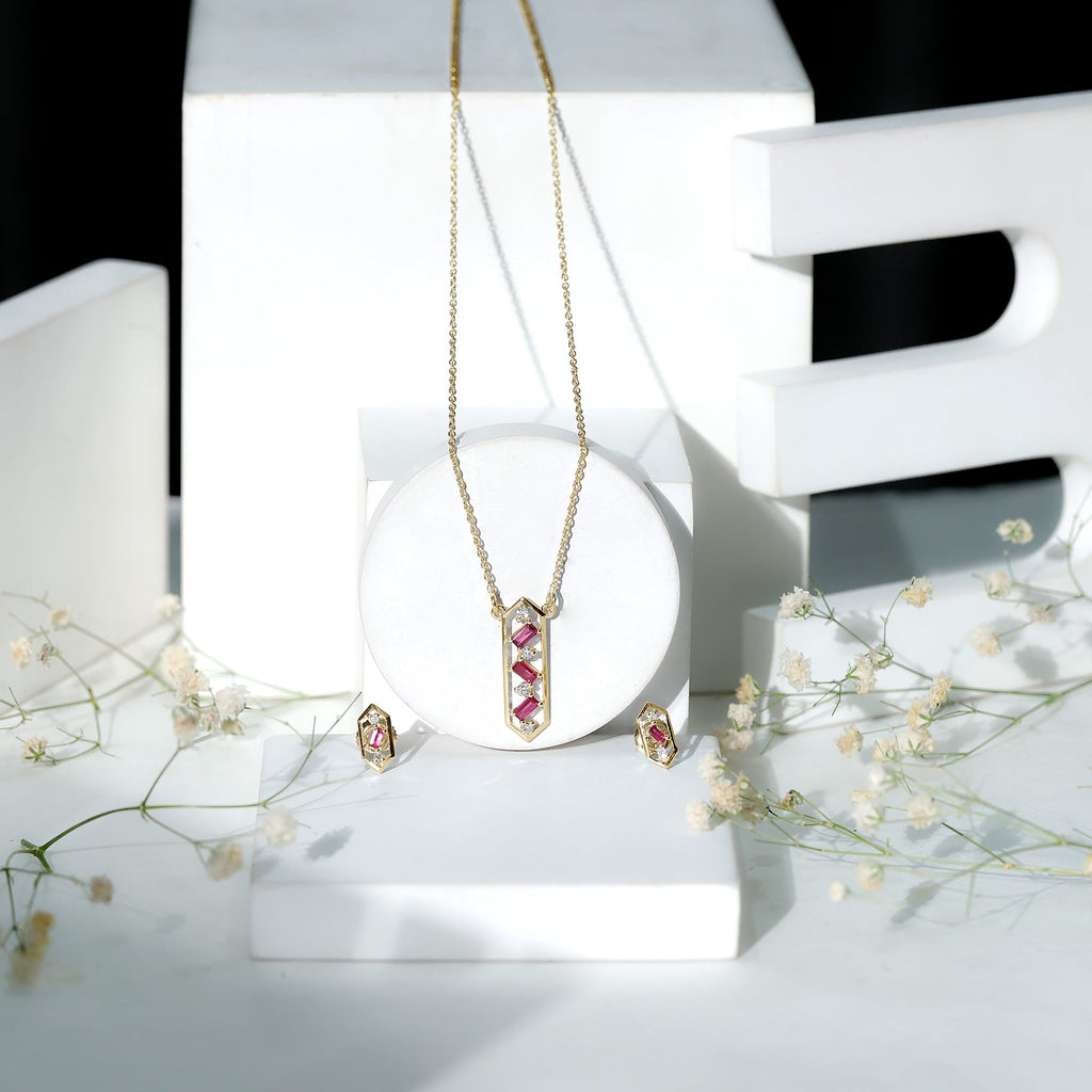 Genuine Ruby and Diamond Dangle jewelry Set