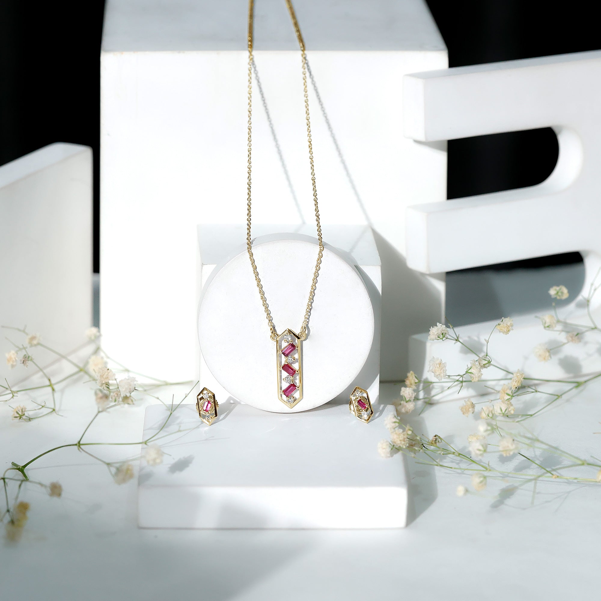Genuine Ruby and Diamond Dangle jewelry Set