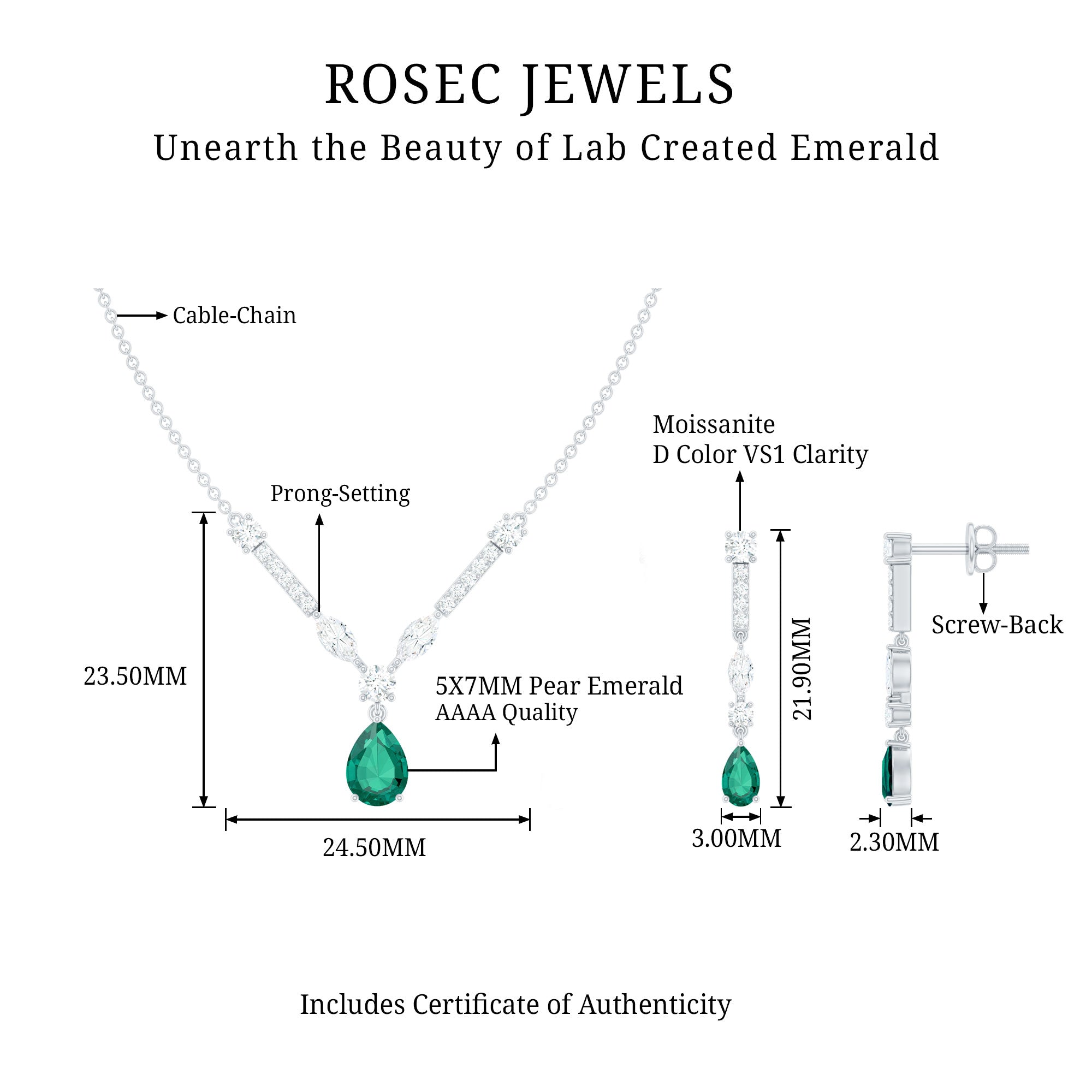 Emerald Bridal Necklace - Lab Created Emerald Wedding Jewelry Set With Moissanite Earrings