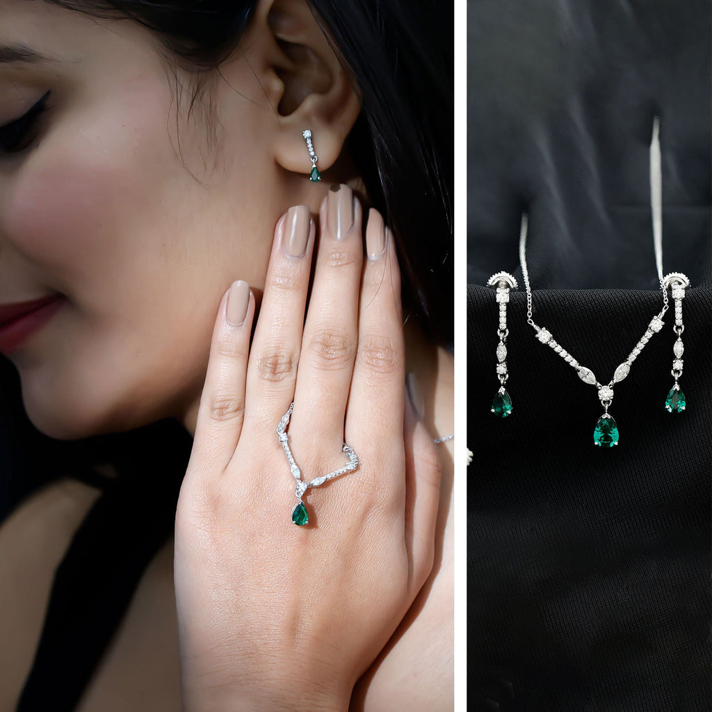 Emerald Bridal Necklace - Lab Created Emerald Wedding Jewelry Set With Moissanite Earrings