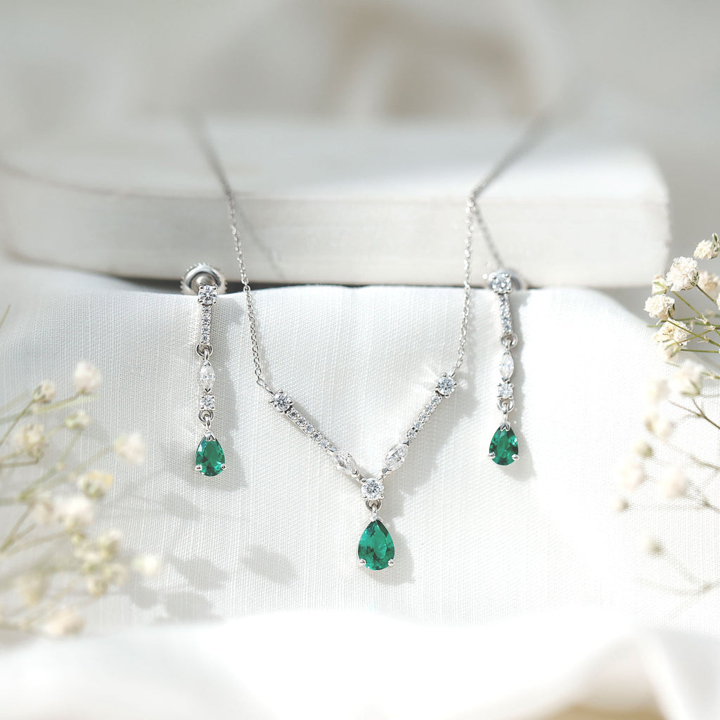 Emerald Bridal Necklace - Lab Created Emerald Wedding Jewelry Set With Moissanite Earrings