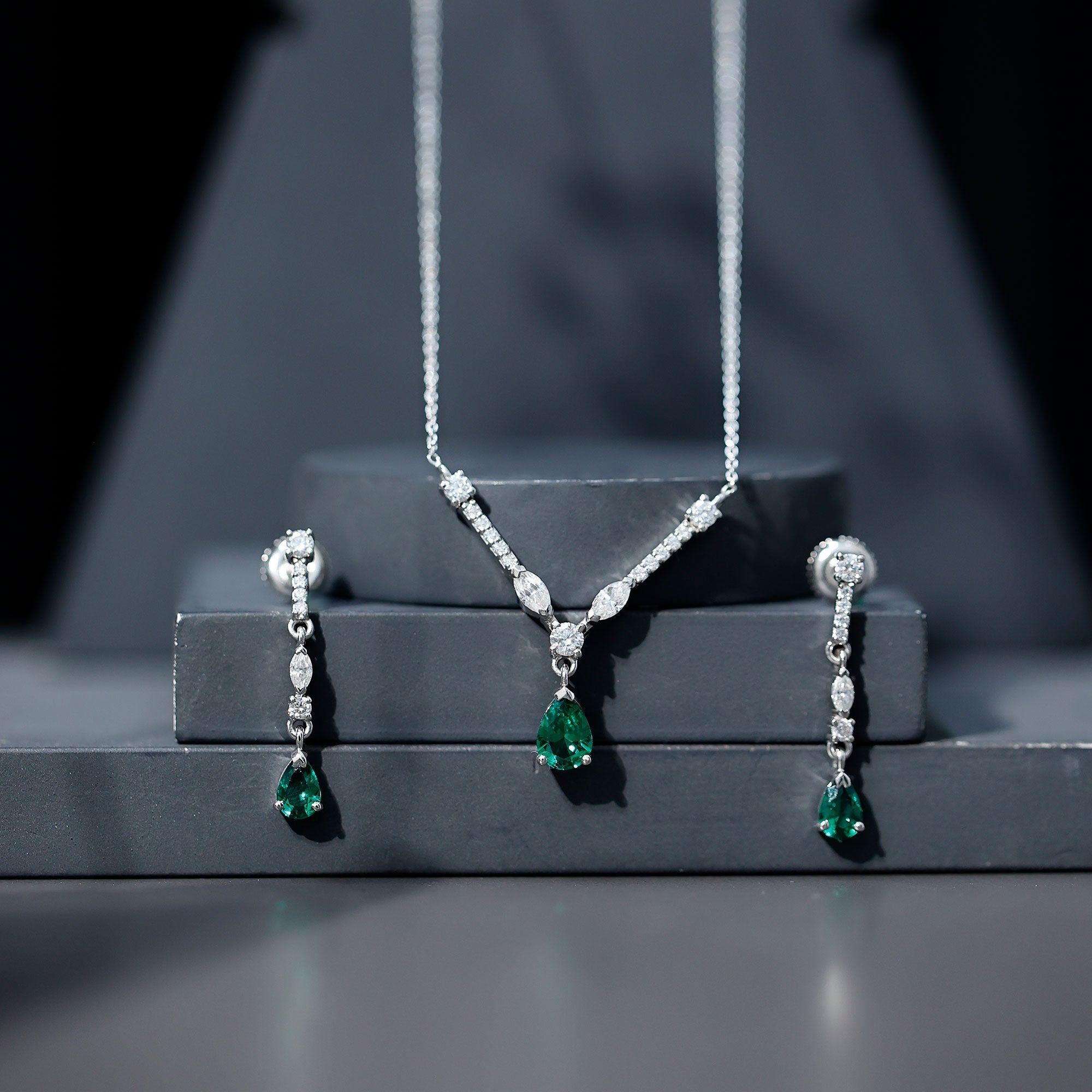 Emerald Bridal Necklace - Lab Created Emerald Wedding Jewelry Set With Moissanite Earrings