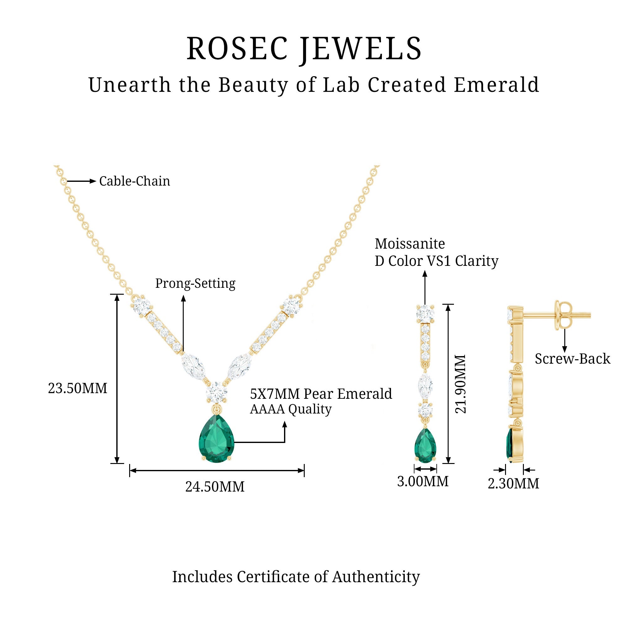 Emerald Bridal Necklace - Lab Created Emerald Wedding Jewelry Set With Moissanite Earrings