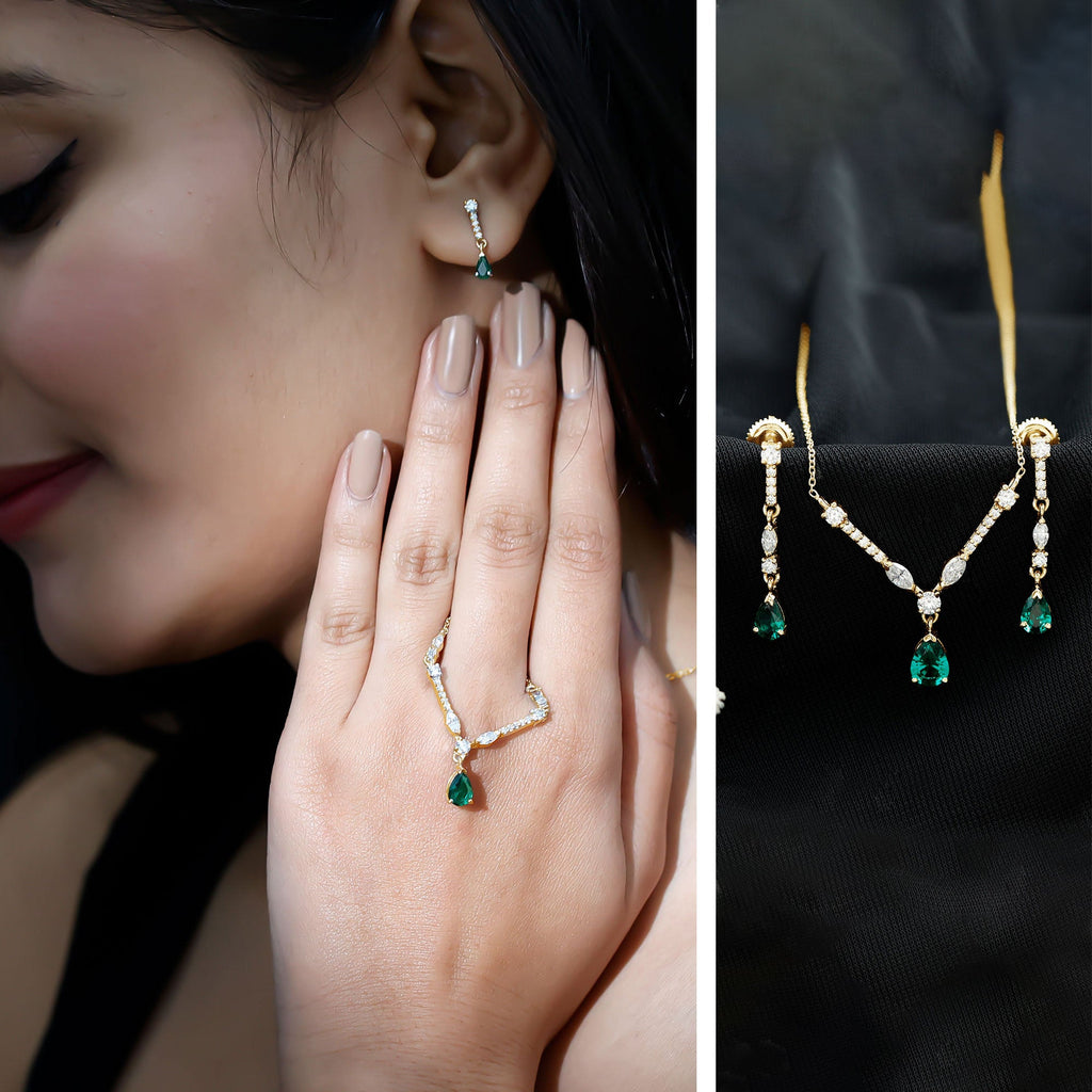 Emerald Bridal Necklace - Lab Created Emerald Wedding Jewelry Set With Moissanite Earrings