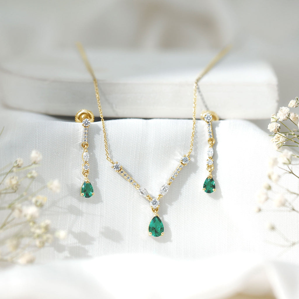Emerald Bridal Necklace - Lab Created Emerald Wedding Jewelry Set With Moissanite Earrings