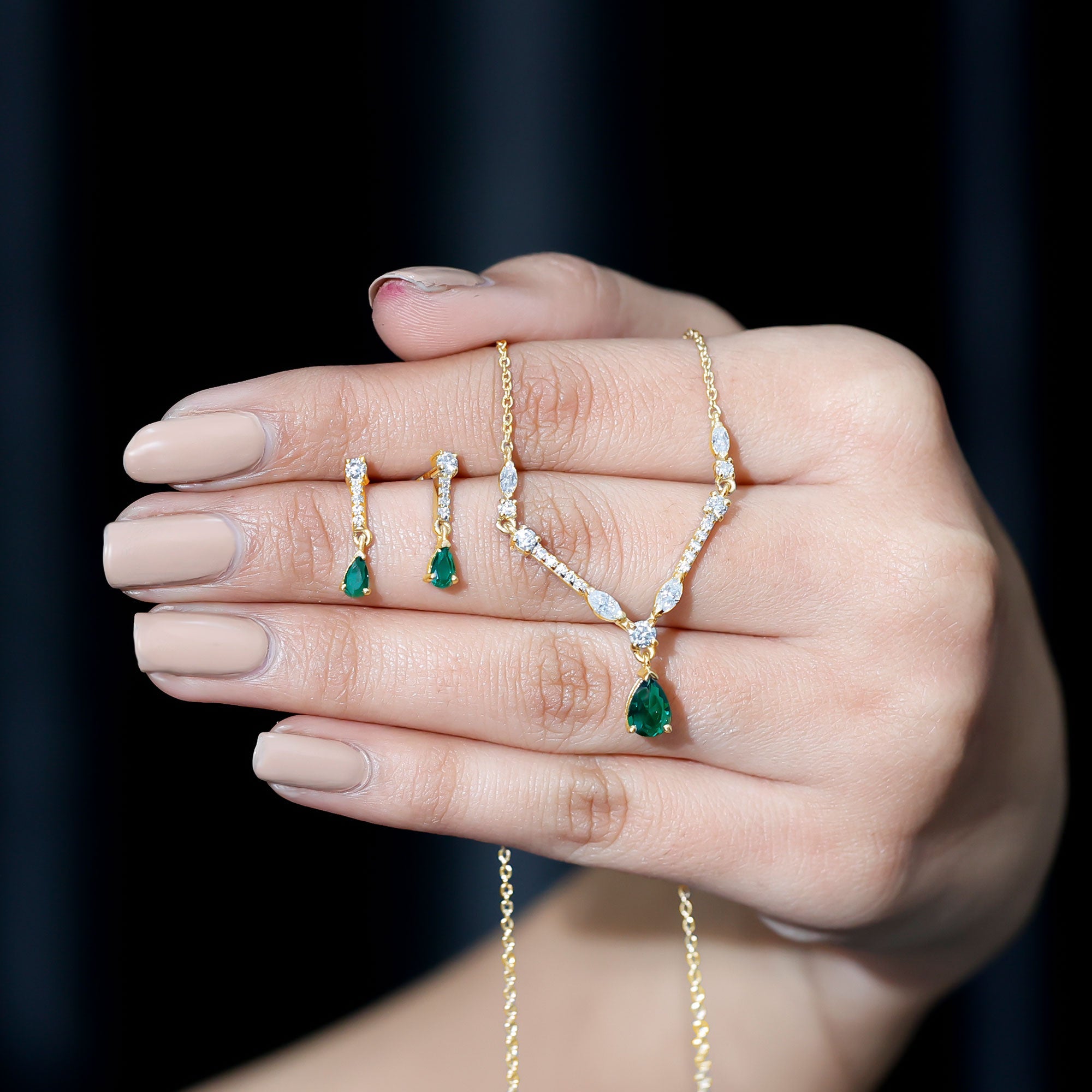Emerald Bridal Necklace - Lab Created Emerald Wedding Jewelry Set With Moissanite Earrings