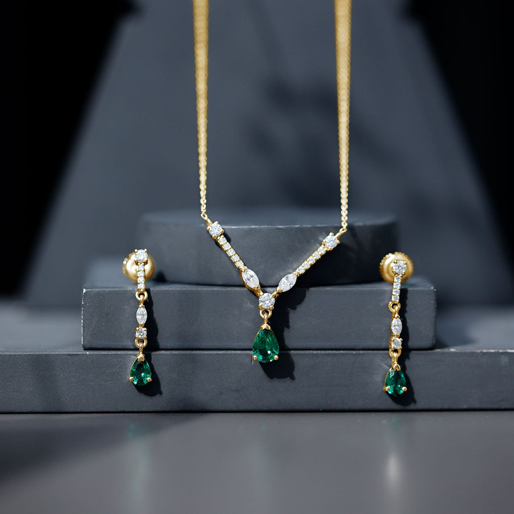 Emerald Bridal Necklace - Lab Created Emerald Wedding Jewelry Set With Moissanite Earrings